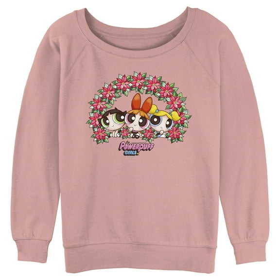 Junior's The Powerpuff Girls Christmas Poinsettia Wreath Sweatshirt Desert Pink Small
