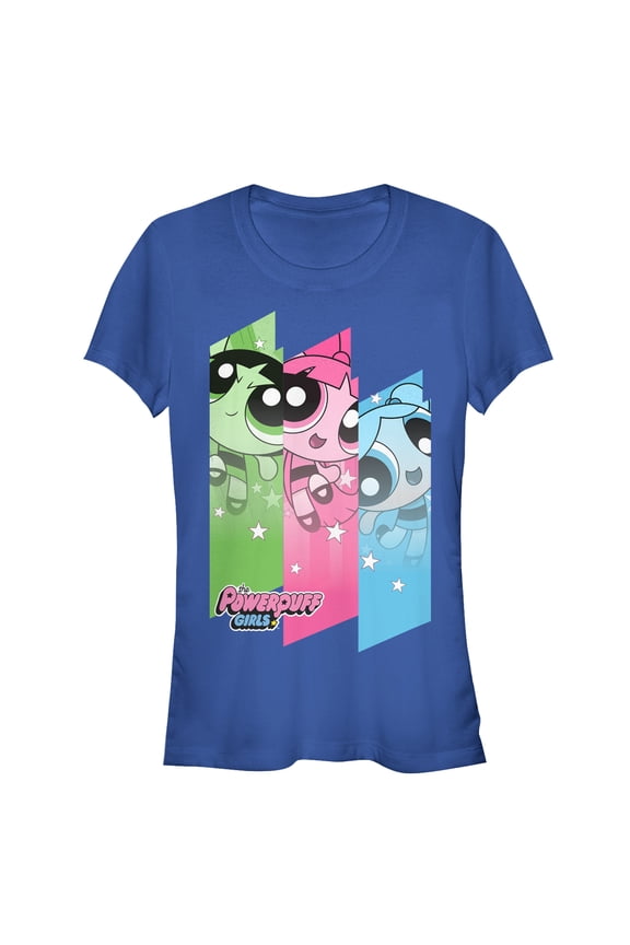 Junior's The Powerpuff Girls Rainbow Trio Graphic Tee Royal Blue Medium