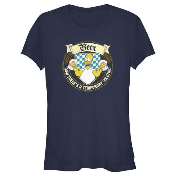 Junior's The Simpsons Homer Beer Now There's a Temporary Solution  Graphic Tee Navy Blue Medium