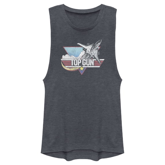 Junior's Top Gun Distressed Fighter Jet Logo Festival Muscle Graphic T-Shirt