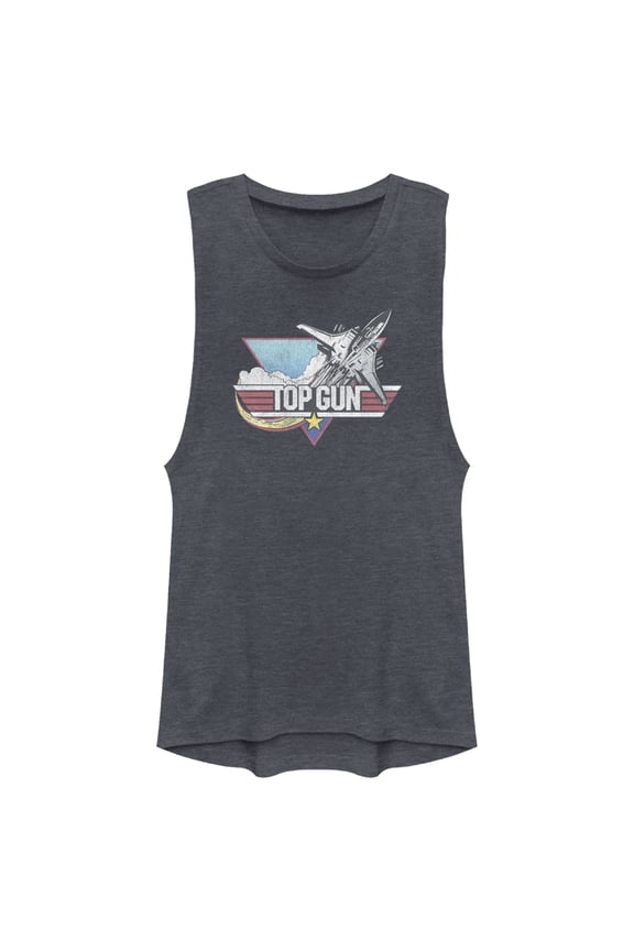 Junior's Top Gun Distressed Fighter Jet Logo  Festival Muscle Graphic T-Shirt