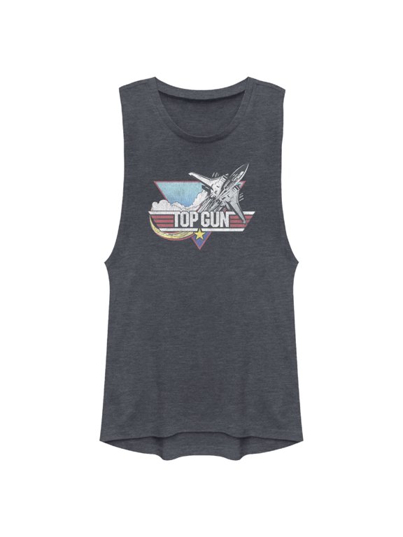 Junior's Top Gun Distressed Fighter Jet Logo Festival Muscle Graphic T-Shirt