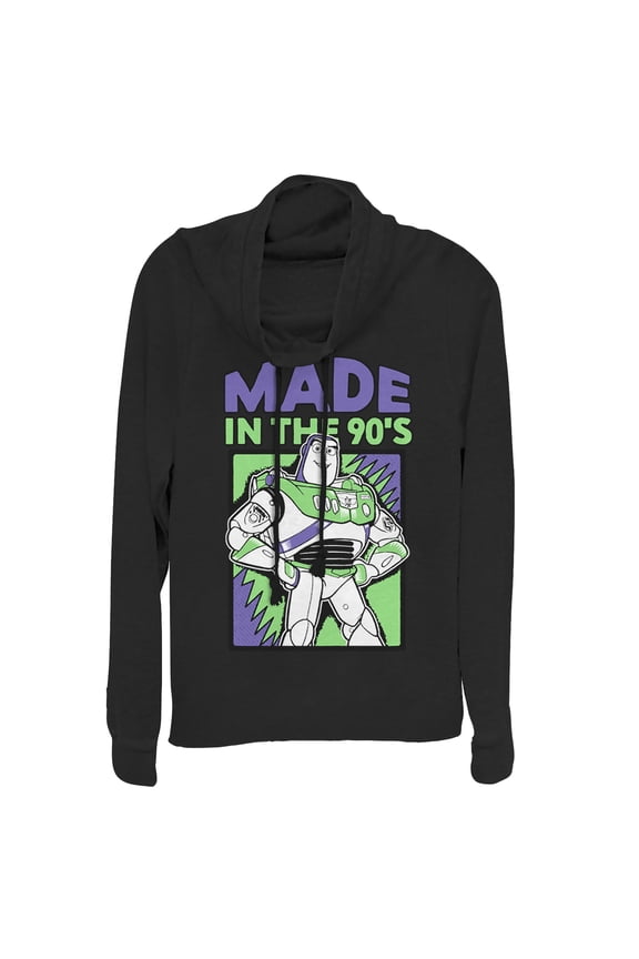 Junior's Toy Story Buzz Lightyear Made in 90s Cowl Neck Sweatshirt Black Small