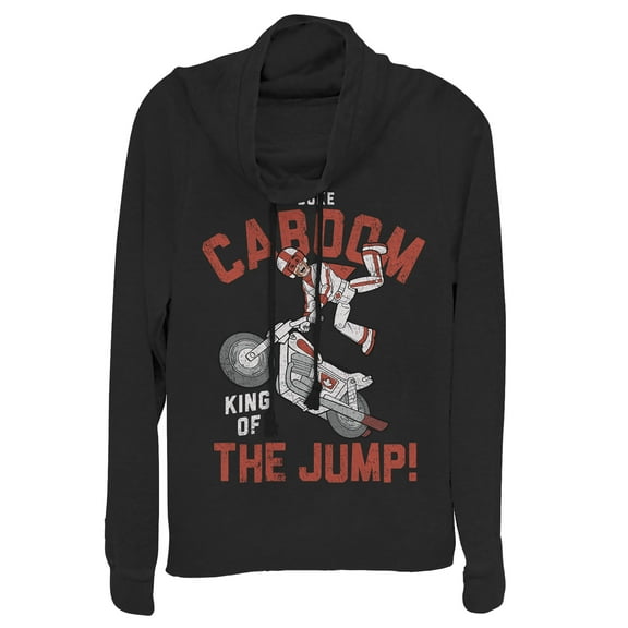 Junior's Toy Story Caboom Jump King  Cowl Neck Sweatshirt Black 2X Large