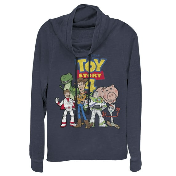 Junior's Toy Story Character Logo Party Cowl Neck Sweatshirt Navy Blue Medium