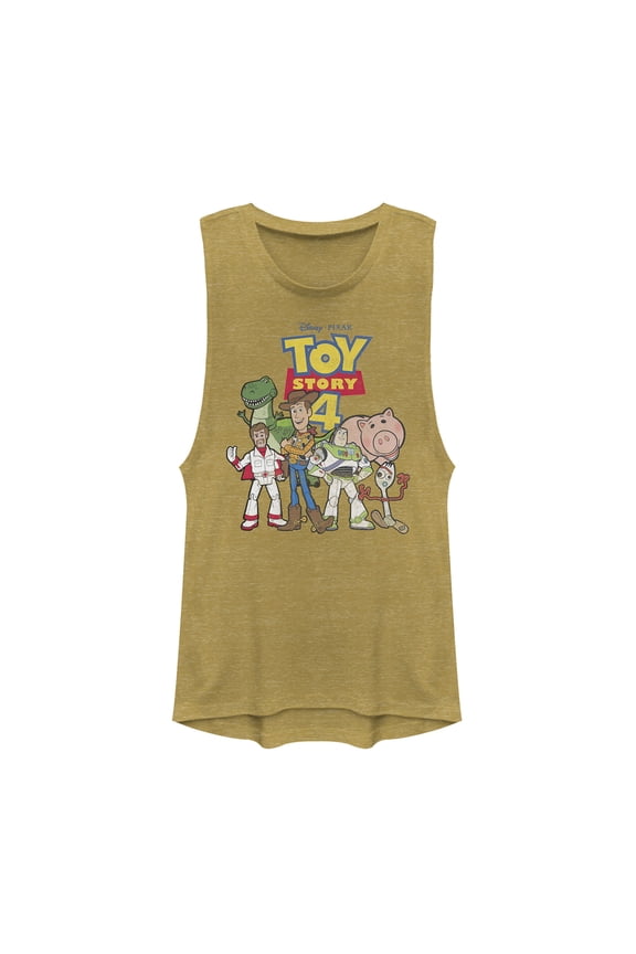 Junior's Toy Story Character Logo Party Festival Muscle Graphic Tee Gold Heather X Large