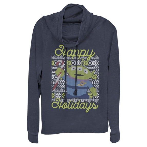 Junior's Toy Story Christmas Alien Holidays Cowl Neck Sweatshirt Navy Blue Large