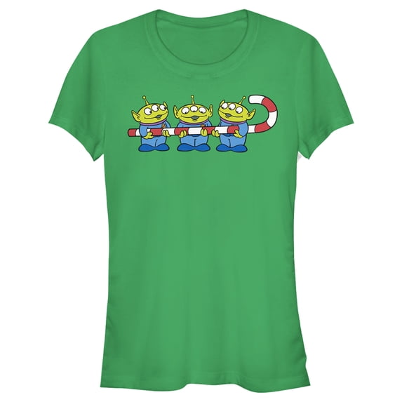 Junior's Toy Story Christmas Candy Cane Alien Graphic Tee Kelly Green Large