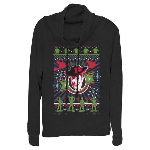 Junior's Toy Story Christmas Woody Pattern Cowl Neck Sweatshirt Black Small