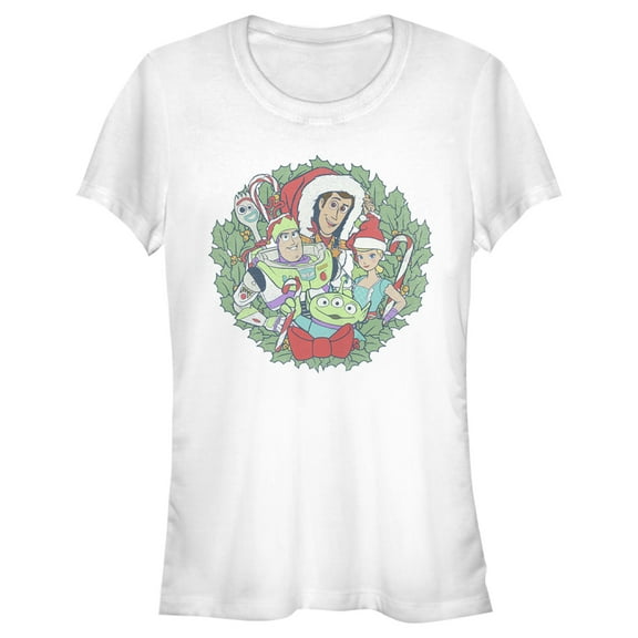 Junior's Toy Story Christmas Wreath Characters Graphic Tee White 2X Large