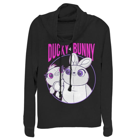 Junior's Toy Story Ducky & Bunny Circle Portrait Cowl Neck Sweatshirt Black Medium