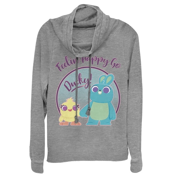 Junior's Toy Story Ducky & Bunny Feelin' Happy Cowl Neck Sweatshirt Gray Heather X Small