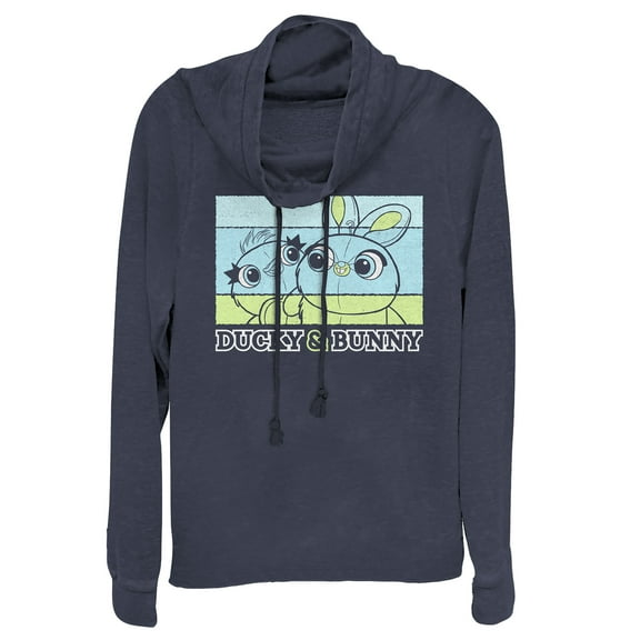 Junior's Toy Story Ducky & Bunny Panels Cowl Neck Sweatshirt Navy Blue 2X Large