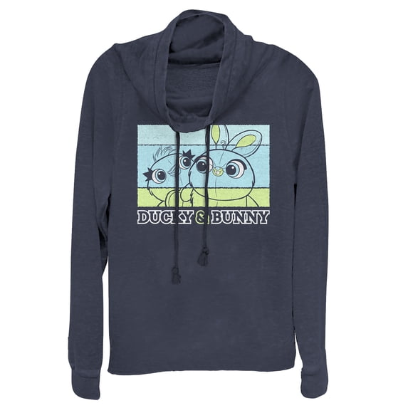 Junior's Toy Story Ducky & Bunny Panels Cowl Neck Sweatshirt Navy Blue 2X Large