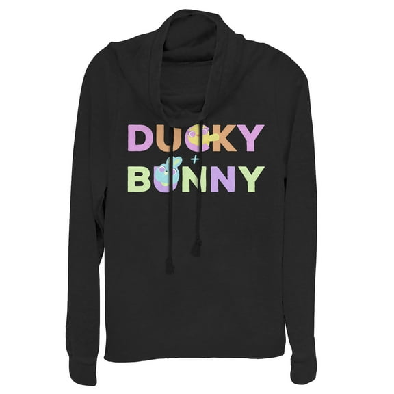 Junior's Toy Story Ducky & Bunny Rainbow Text  Cowl Neck Sweatshirt Black 2X Large