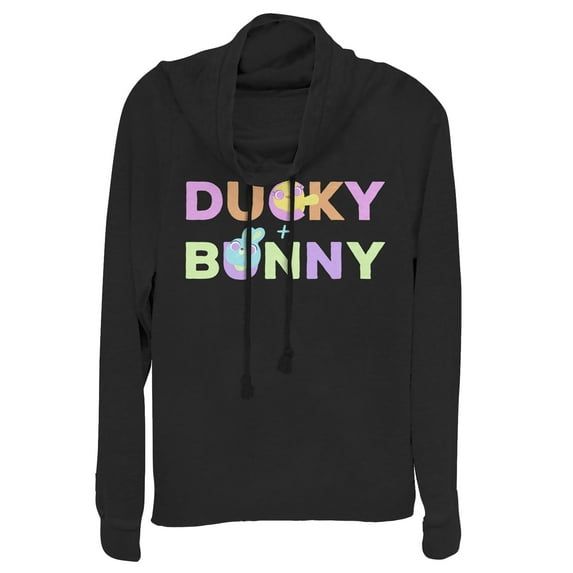 Junior's Toy Story Ducky & Bunny Rainbow Text Cowl Neck Sweatshirt Black Small