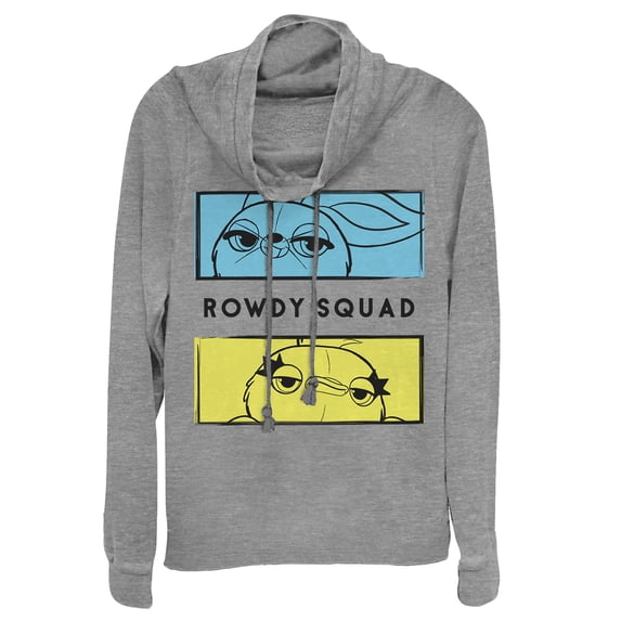Junior's Toy Story Ducky & Bunny Rowdy Panels Cowl Neck Sweatshirt Gray Heather X Small