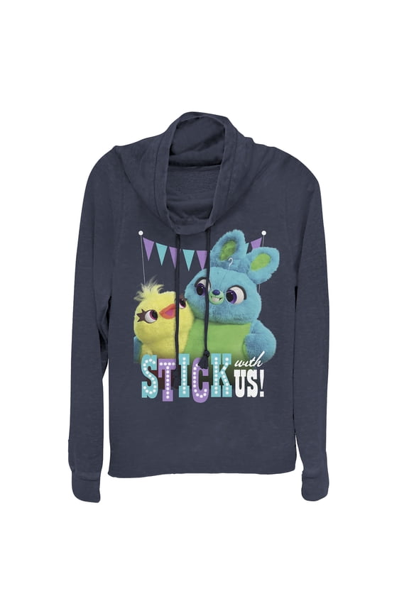 Junior's Toy Story Ducky & Bunny Stick With Us BFF  Cowl Neck Sweatshirt Navy Blue Large