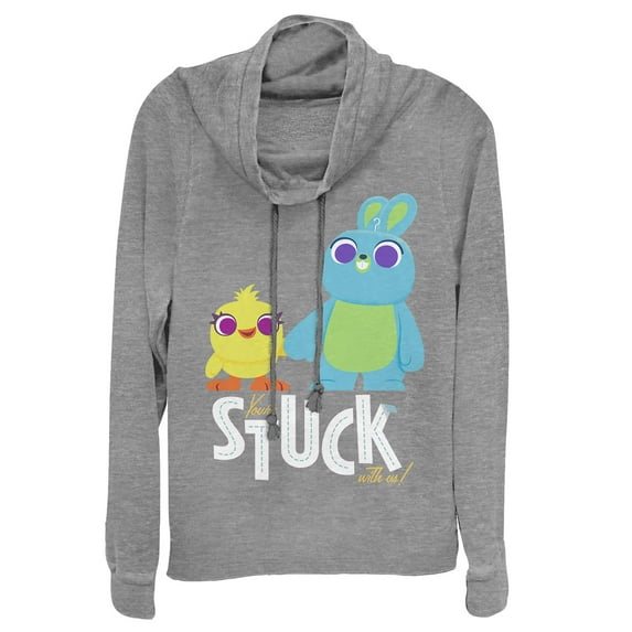 Junior's Toy Story Ducky & Bunny Stuck With Us Cowl Neck Sweatshirt Gray Heather 3X Large