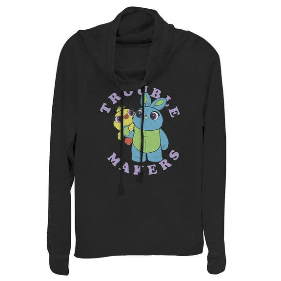 Junior's Toy Story Ducky & Bunny Trouble Makers  Cowl Neck Sweatshirt Black Small