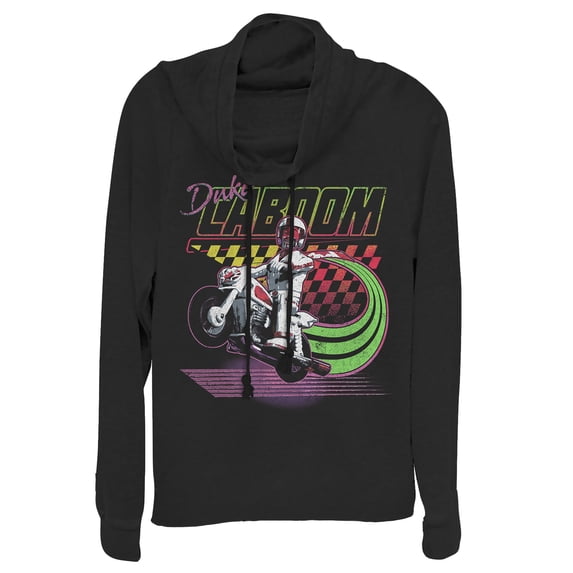 Junior's Toy Story Duke Caboom Neon Race Cowl Neck Sweatshirt Black Medium