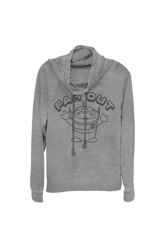 Junior's Toy Story Far Out Squeeze Alien Cowl Neck Sweatshirt Gray Heather Medium