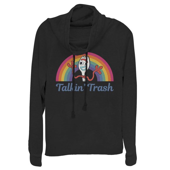 Junior's Toy Story Forky Talkin' Trash Rainbow Cowl Neck Sweatshirt Black Small