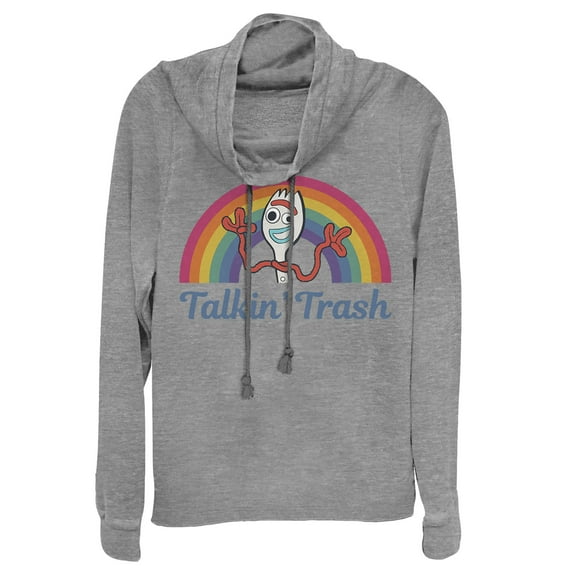 Junior's Toy Story Forky Talkin' Trash Rainbow Cowl Neck Sweatshirt Gray Heather Small
