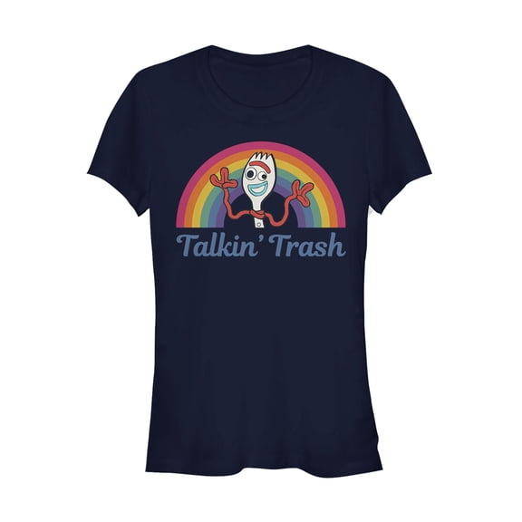 Junior's Toy Story Forky Talkin' Trash Rainbow  Graphic Tee Navy Blue X Large