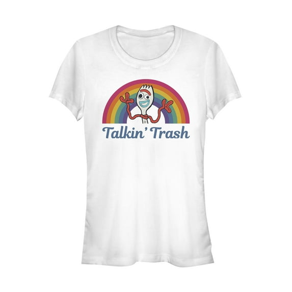 Junior's Toy Story Forky Talkin' Trash Rainbow Graphic Tee White Small