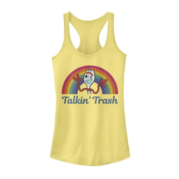 Junior's Toy Story Forky Talkin' Trash Rainbow  Racerback Tank Top Banana X Large
