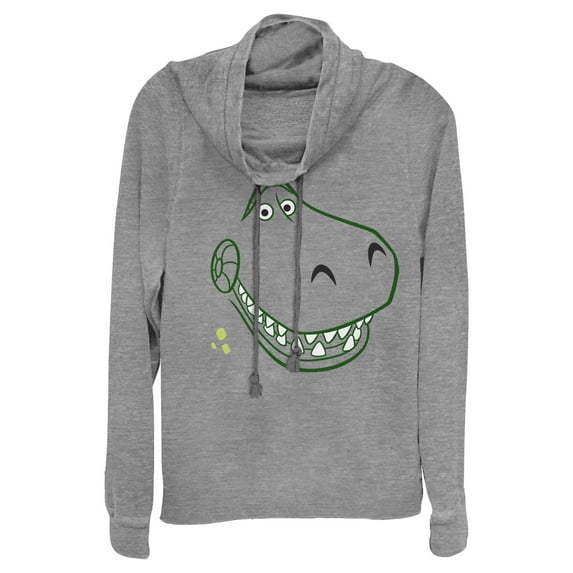 Junior's Toy Story Grinning Rex Face Cowl Neck Sweatshirt Gray Heather 4X Large
