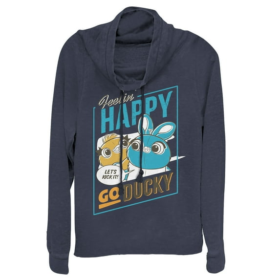 Junior's Toy Story Happy Go Ducky & Bunny Cowl Neck Sweatshirt Navy Blue Small