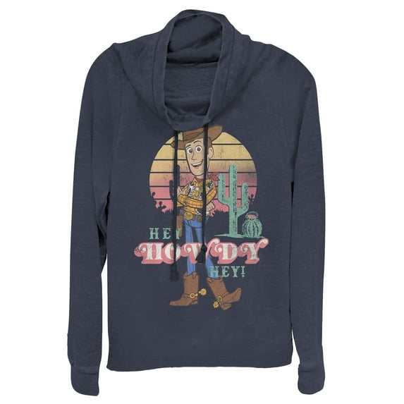 Junior's Toy Story Hey Howdy Woody Cowl Neck Sweatshirt Navy Blue 3X Large