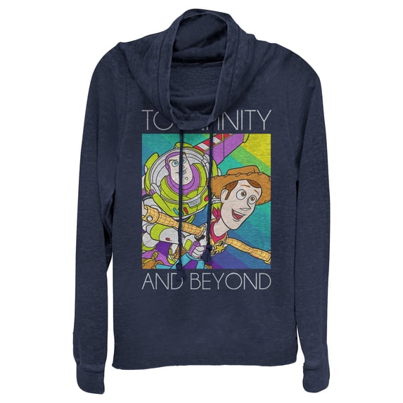 Junior's Toy Story Infinity and Beyond Rainbow Cowl Neck Sweatshirt Navy Blue Large