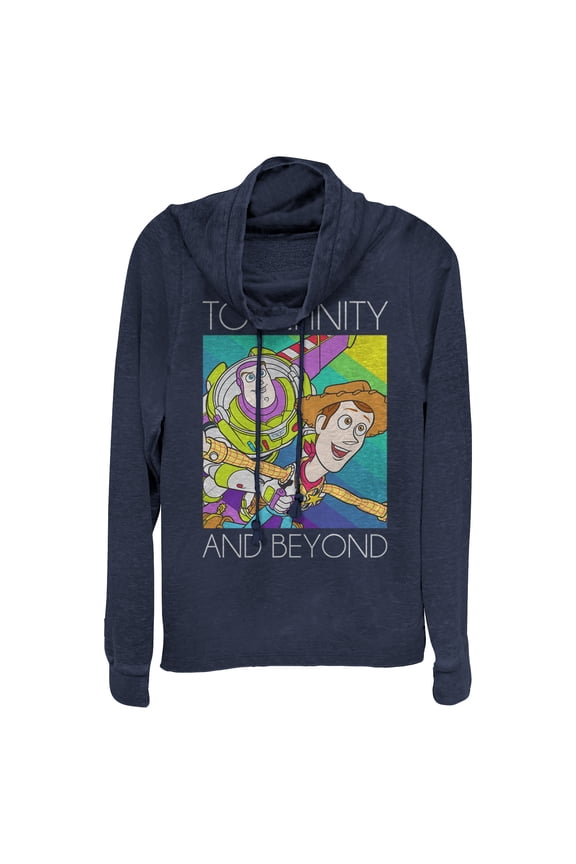 Junior's Toy Story Infinity and Beyond Rainbow Cowl Neck Sweatshirt Navy Blue Medium
