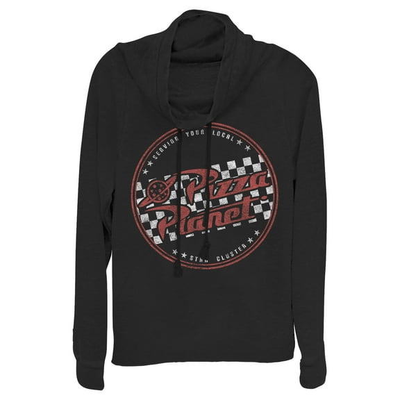Junior's Toy Story Serving Local Pizza Planet  Cowl Neck Sweatshirt Black 3X Large