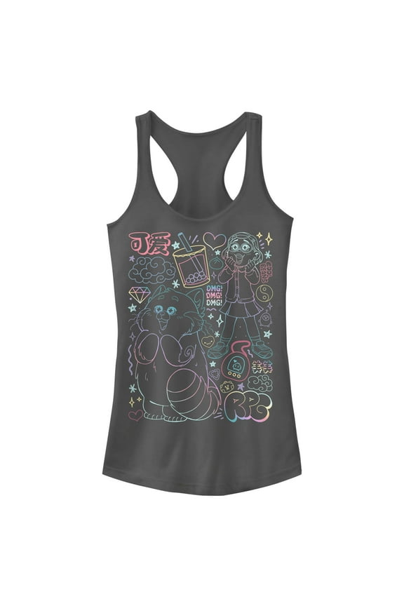 Junior's Turning Red Neon Doodles Mei Lee Racerback Tank Top Charcoal Large