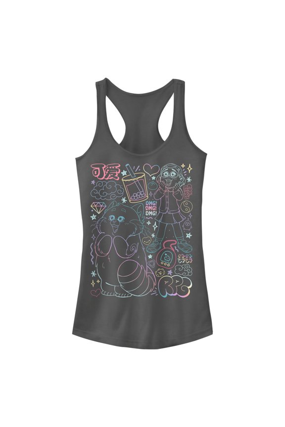 Junior's Turning Red Neon Doodles Mei Lee Racerback Tank Top Charcoal Medium