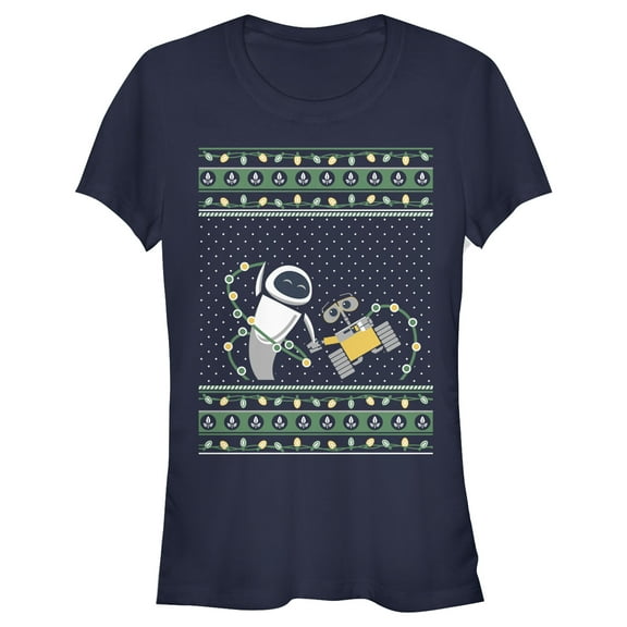 Junior's Wall-E Ugly Christmas Robots  Graphic Tee Navy Blue Small