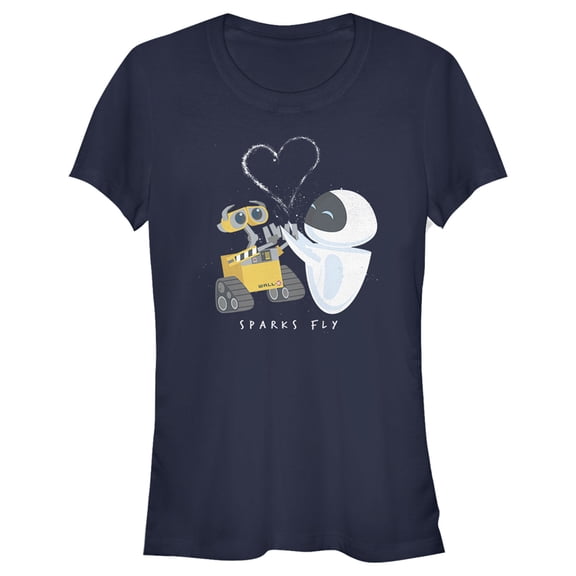 Junior's Wall-E Valentine's Day EVE Sparks Fly Graphic Tee Navy Blue Large