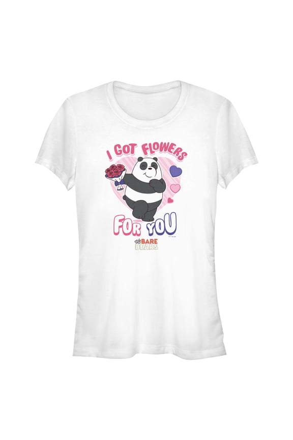 Junior's We Bare Bears Valentine's Day Panda I Got Flowers For You Graphic Tee White Medium