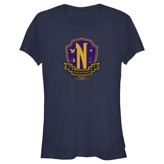 Junior's Wednesday Nevermore Academy Crest  Graphic Tee Navy Blue Large