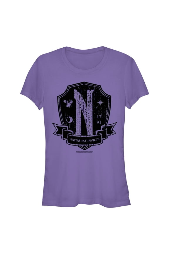 Junior's Wednesday Nevermore Academy Distressed Emblem Graphic Tee Purple X Large