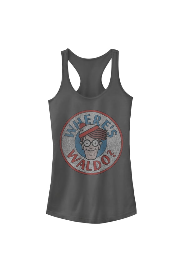 Junior's Where's Waldo Retro Character Circle  Racerback Tank Top Charcoal Medium
