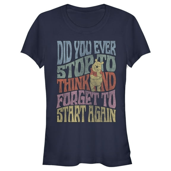 Junior's Winnie the Pooh Distressed Did You Ever Stop to Think Quote  Graphic Tee Navy Blue Large