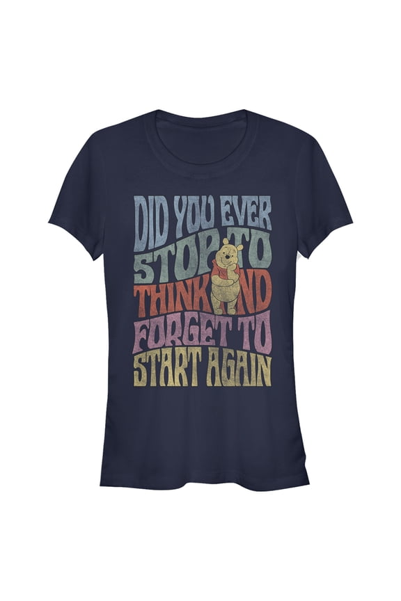 Junior's Winnie the Pooh Distressed Did You Ever Stop to Think Quote Graphic Tee Navy Blue Small