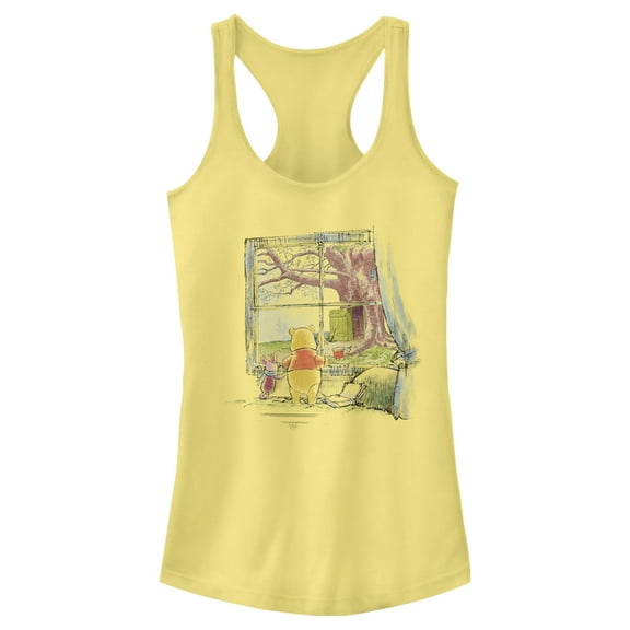 Junior's Winnie the Pooh Window Watching  Racerback Tank Top Banana Medium