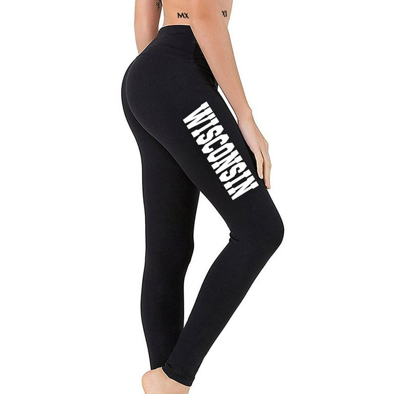 Junior's Wisconsin State V719 Black Athletic Workout Leggings Thights One  Size + (XL-3XL)