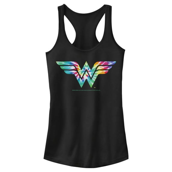 Junior's Wonder Woman Tie Dye Logo Racerback Tank Top Black Medium